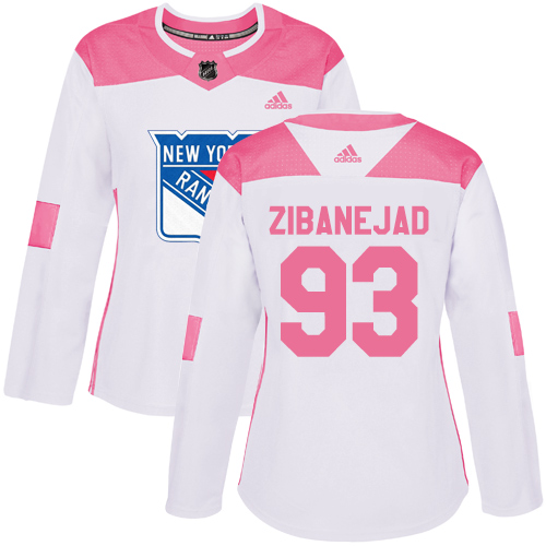 Adidas Rangers #93 Mika Zibanejad White/Pink Authentic Fashion Women's Stitched NHL Jersey - Click Image to Close